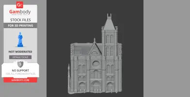 Detailed 3D model of a Gothic-style cathedral facade with towers and arched windows.