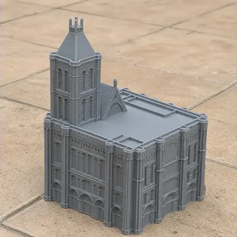 Detailed 3D printed model of Basilica of Saint-Denis, showing Gothic architectural features.