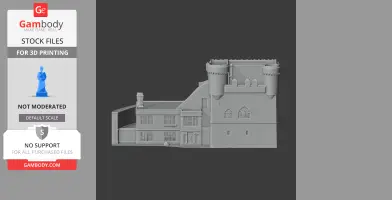 3D model of Belsay Castle with detailed walls, windows, and cylindrical turrets for printing.