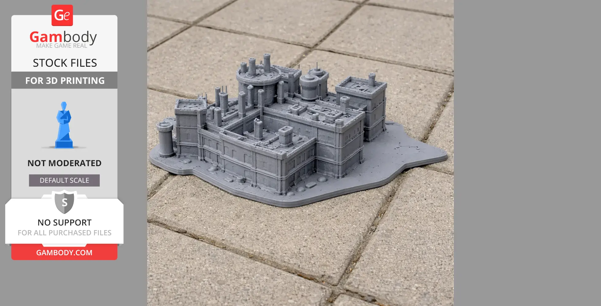 A 3D-printed model of a detailed castle with towers, displayed on a tiled surface.