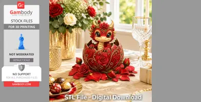 A cute baby dragon with horns and roses hatching from a decorative egg, surrounded by rose petals.