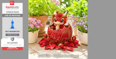 A cute red baby dragon hatches from a rose-patterned egg, surrounded by flowers.