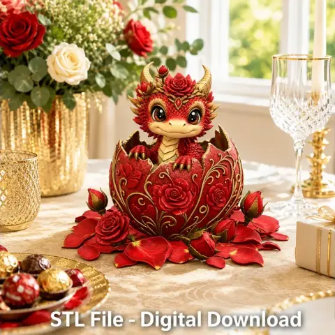 A cute baby dragon with red scales, emerging from an ornate rose-decorated egg on a festively set table.