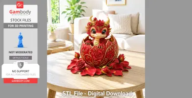 A cute dragon hatching from a rose-decorated egg, surrounded by petals, on a wooden table.