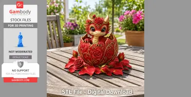 A cute red baby dragon emerging from a rose-decorated egg, set on a wood table in a garden.