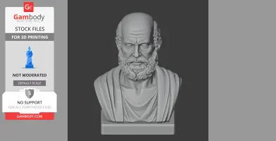 A 3D-rendered bust of a bearded, bald man with a robe, reminiscent of ancient sculptures.