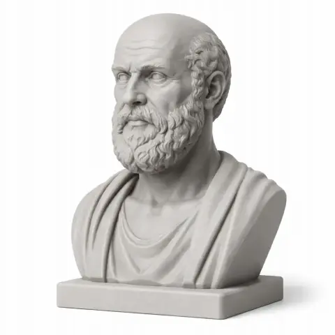 Bust of a bearded man with a solemn expression, draped in a robe, mounted on a square base.