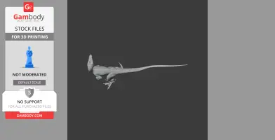 Gray 3D model of an Overoraptor with a long tail and feathers, designed for 3D printing.