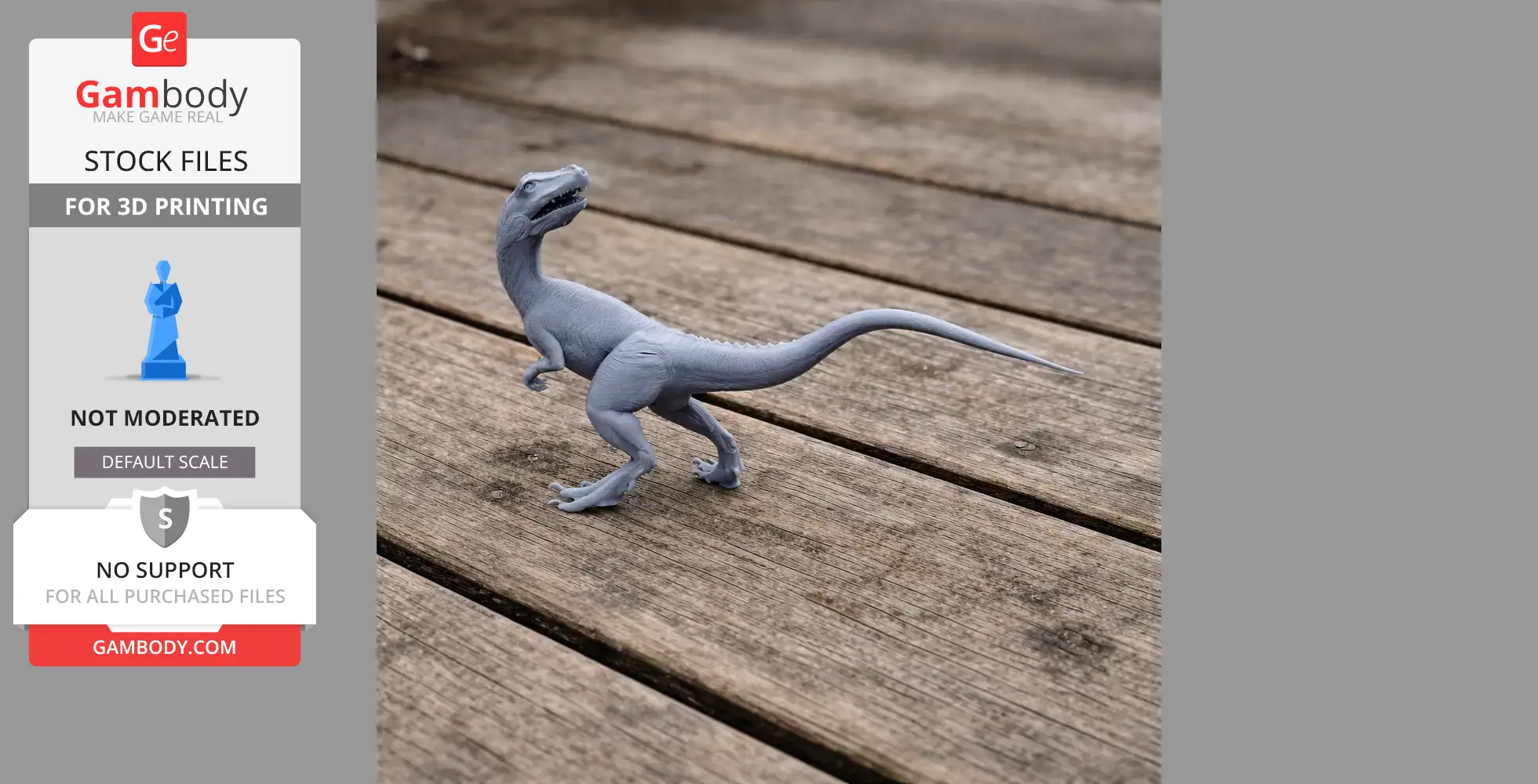A 3D-printed Overoraptor model posed on a wooden surface, displayed on Gambody.