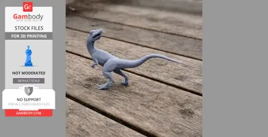 A 3D-printed Overoraptor model posed on a wooden surface, displayed on Gambody.