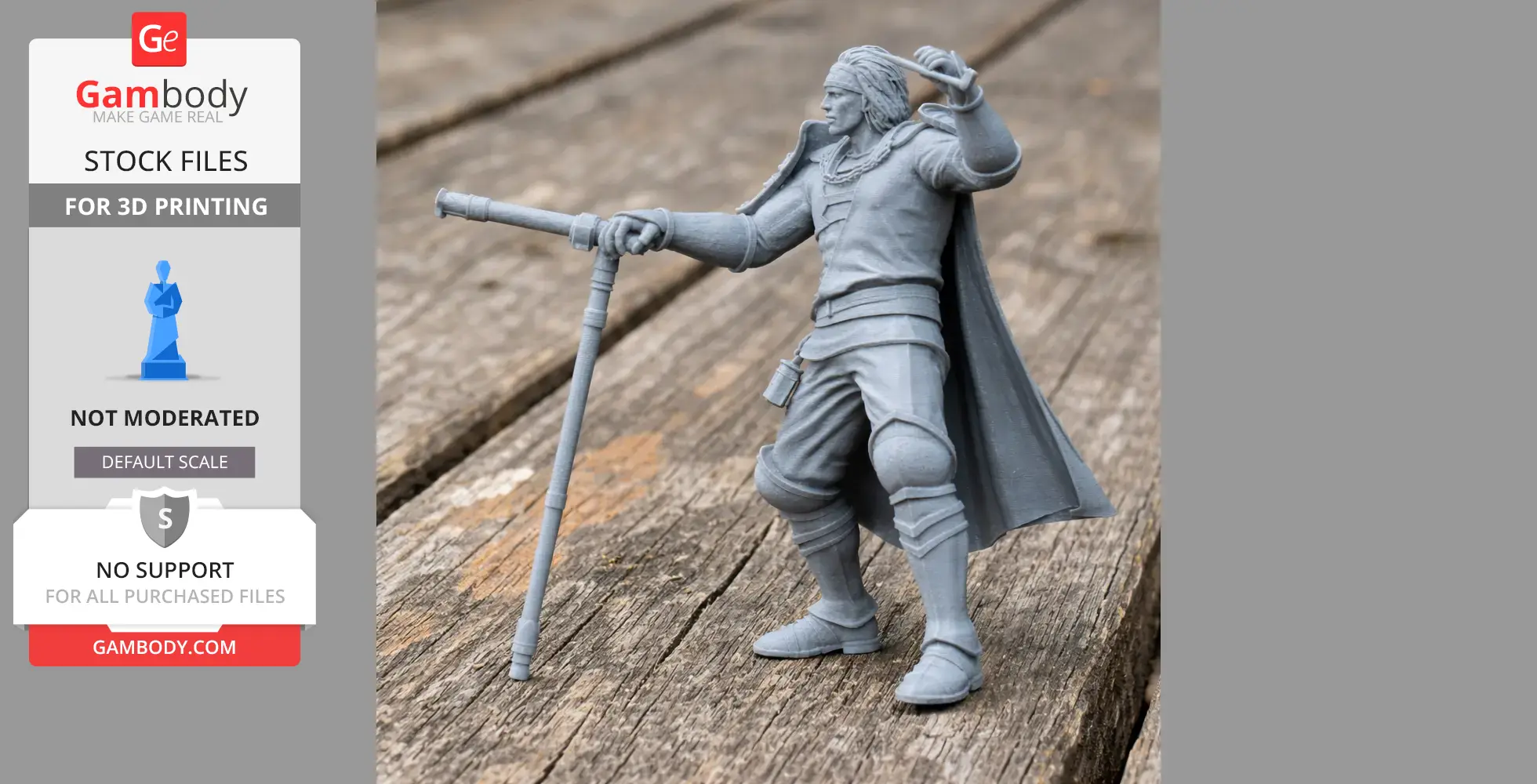 A 3D-printed samurai figure in a dynamic pose, wearing armor and holding a staff, on a wooden surface.