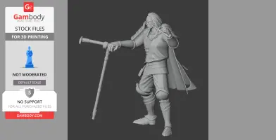 A detailed samurai warrior in armor with a cape, leaning on a staff, ready for 3D printing.