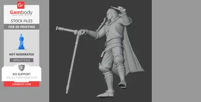 A 3D model of a samurai warrior wielding a long staff, dressed in traditional armor and a flowing cape.