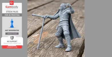 A 3D-printed samurai figure in a dynamic pose, wearing armor and holding a staff, on a wooden surface.