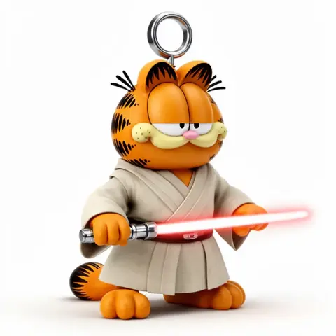 Garfield dressed as a Jedi holding a lightsaber with a ring attachment on his head.