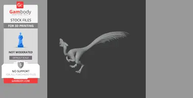 A 3D model of an Oviraptor dinosaur in a dynamic pose, with a long tail, designed for 3D printing.