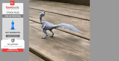 3D-printed gray Oviraptor model with long tail, standing on wooden surface.