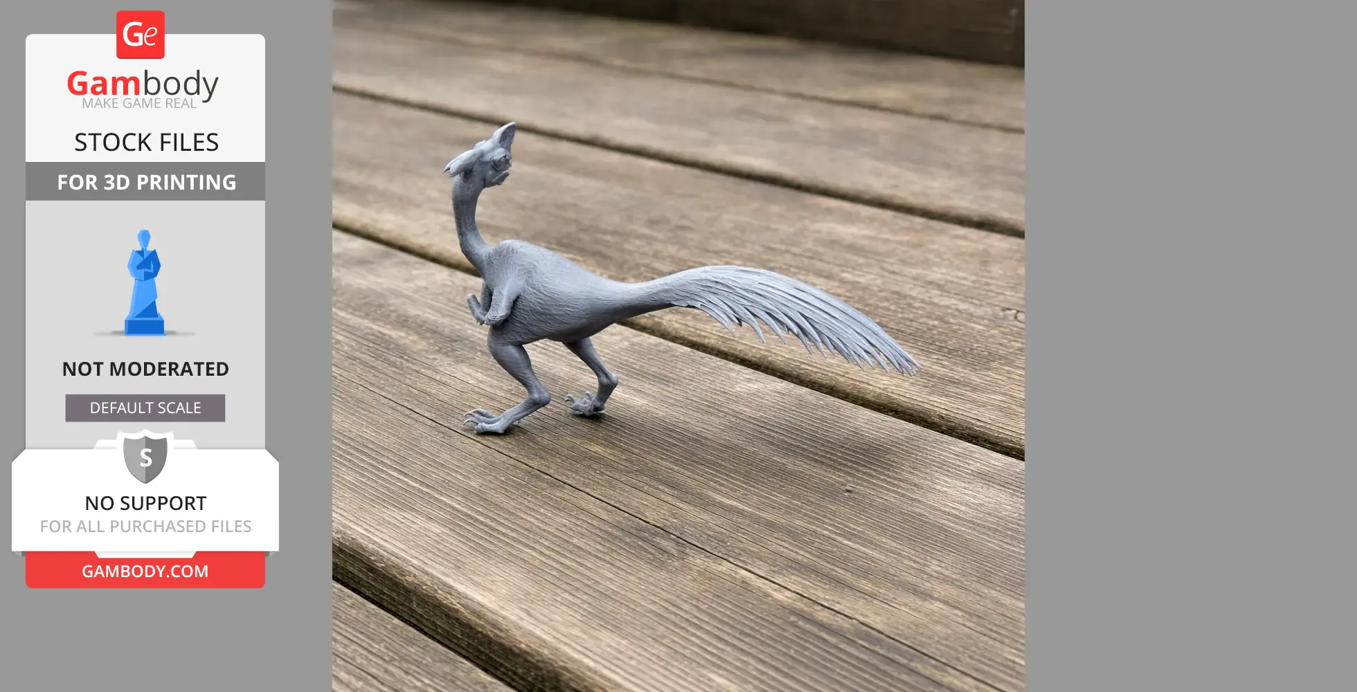 3D-printed gray Oviraptor model with long tail, standing on wooden surface.