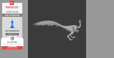 A 3D model of an Oviraptor dinosaur with a feathered tail, suitable for 3D printing.