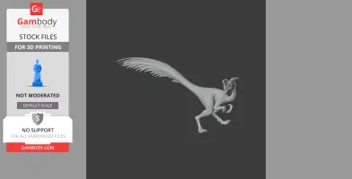 3D model of an Oviraptor dinosaur, standing upright with a long feathered tail and a beaked head.