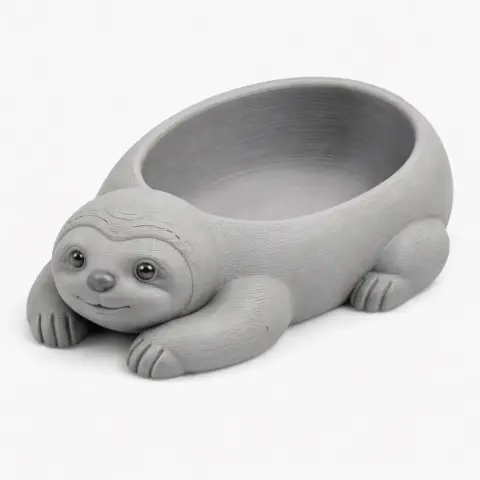 3D printed gray bowl shaped like a smiling sloth lying down.