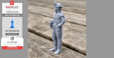 3D printed model of a Napoleonic soldier in uniform, standing on a wooden surface.