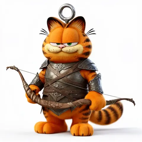 Garfield in elf armor holding a bow, with a ring on his head. Mashup of Garfield and Legolas characters.