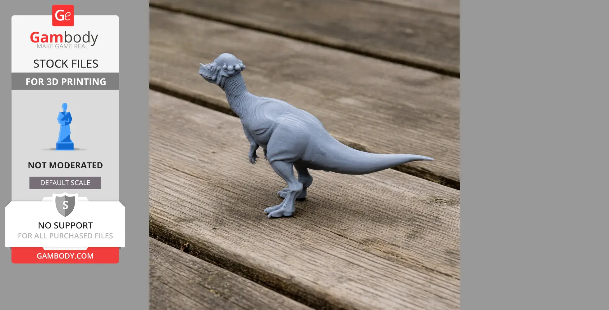 A 3D-printed Pachycephalosaurus model on a wooden surface.