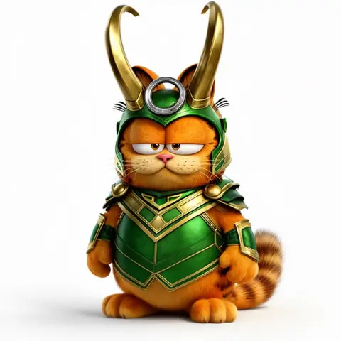 A cartoon orange cat in green armor with a staff, resembling a mashup of Garfield and a Norse god.