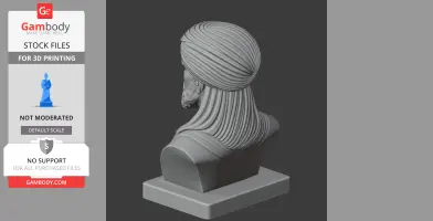 3D printed bust of a historical warrior wearing a detailed turban with draped fabric on a rectangular base.