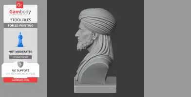 3D model of a historical warrior bust, wearing a turban, viewed from the side.