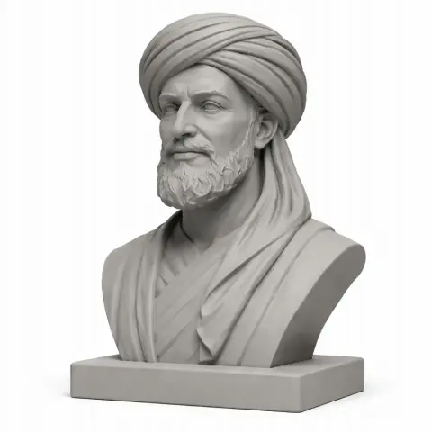 3D printed bust of a bearded man with a turban, draped clothing on a rectangular base.