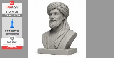 3D printable bust of a historical warrior with a turban and beard, displayed on a rectangular base.