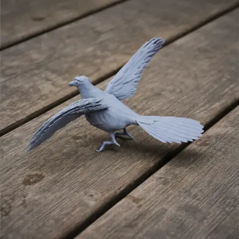 3D-printed model of a prehistoric painted-snipe bird with outstretched wings on a wooden surface.