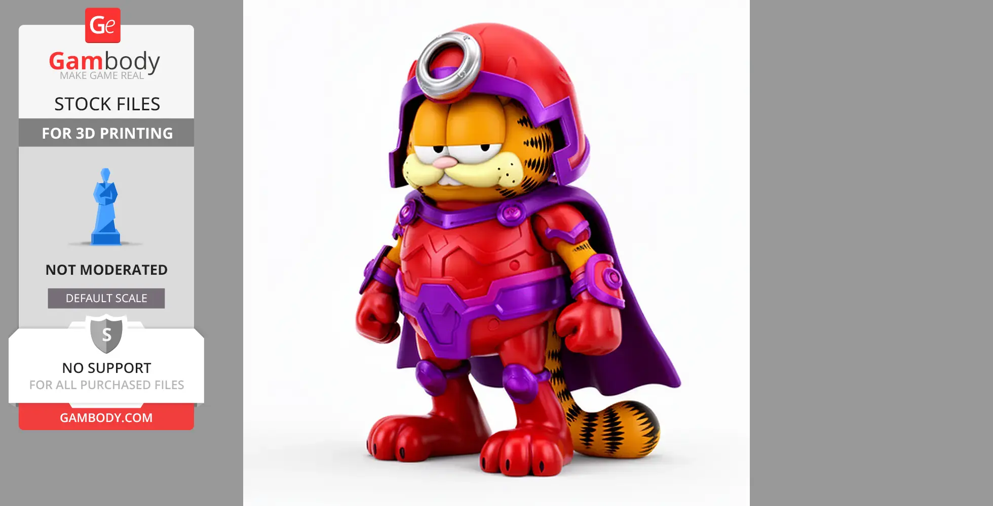 Garfield dressed as Magneto, wearing a red and purple costume with a helmet and cape.