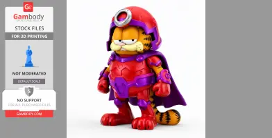 Garfield dressed as Magneto, wearing a red and purple costume with a helmet and cape.