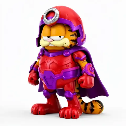 Garfield dressed as Magneto, wearing a red and purple superhero costume with a cape and helmet.