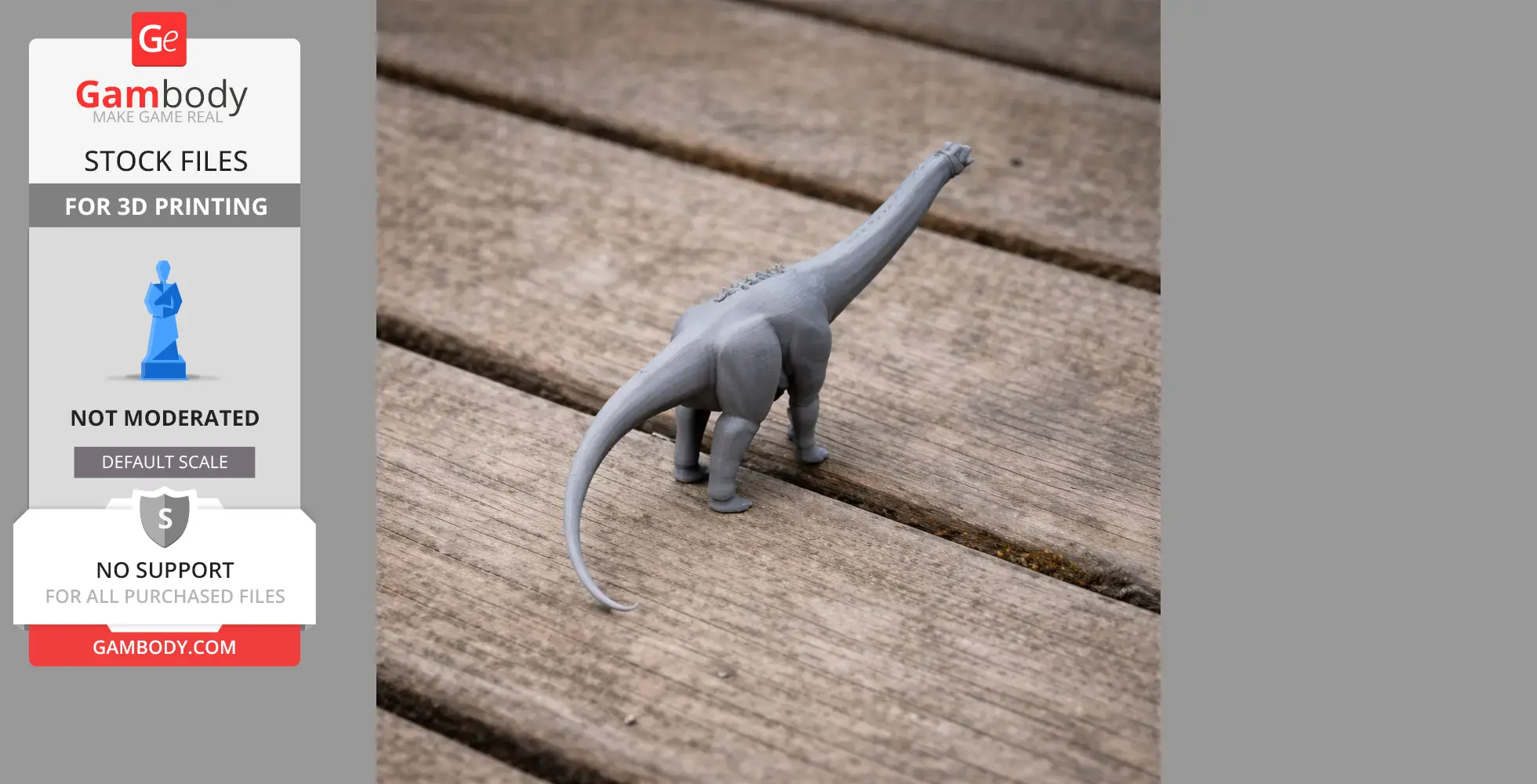 Gray 3D-printed model of a Pakisaurus dinosaur with a long neck and tail on wooden surface.