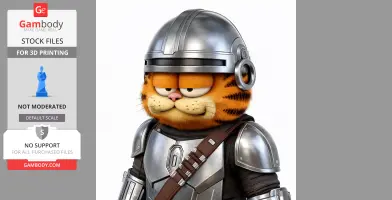 Orange cartoon cat in Mandalorian armor, wearing a metallic helmet, in a mashup figure style.