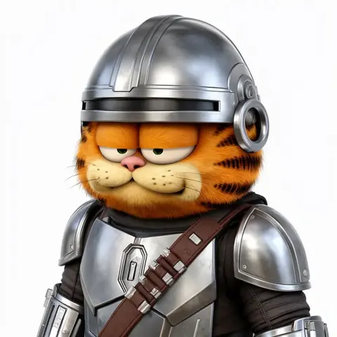 Orange cartoon cat in Mandalorian armor, blending Garfield and Star Wars themes for 3D printing.