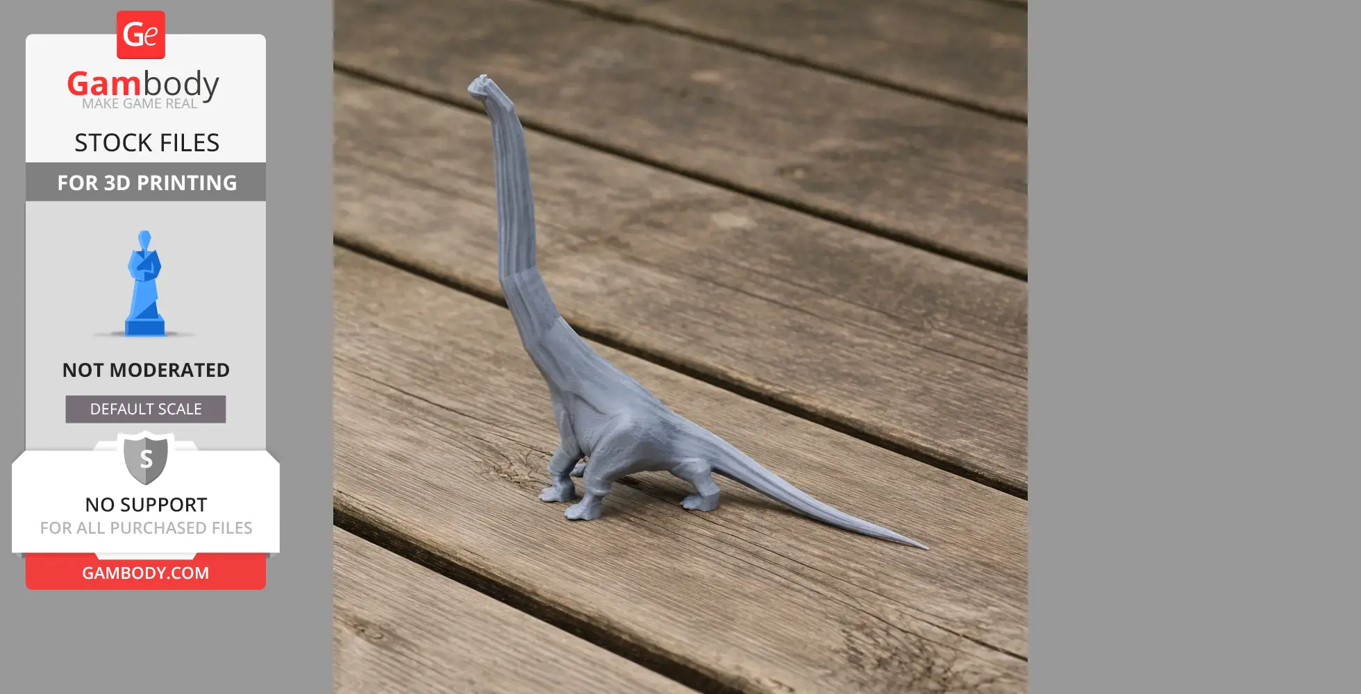 3D printed Paluxysaurus dinosaur model with a long neck and tail on a wooden surface.