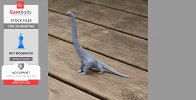 3D printed Paluxysaurus dinosaur model with a long neck and tail on a wooden surface.