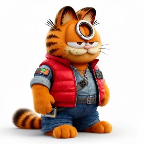 A 3D model of Garfield dressed as Marty McFly, wearing a red vest, denim outfit, and futuristic goggles.
