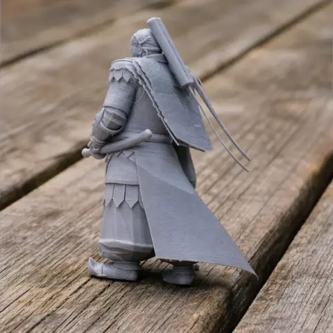Gray 3D-printed samurai figure with armor, standing on a wooden surface, viewed from the back.