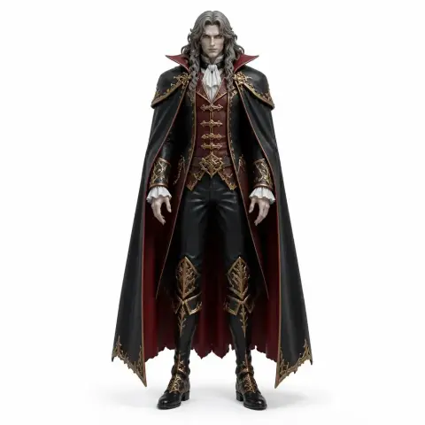 Regal vampire character in ornate attire with a long cape and detailed armor, arms down.