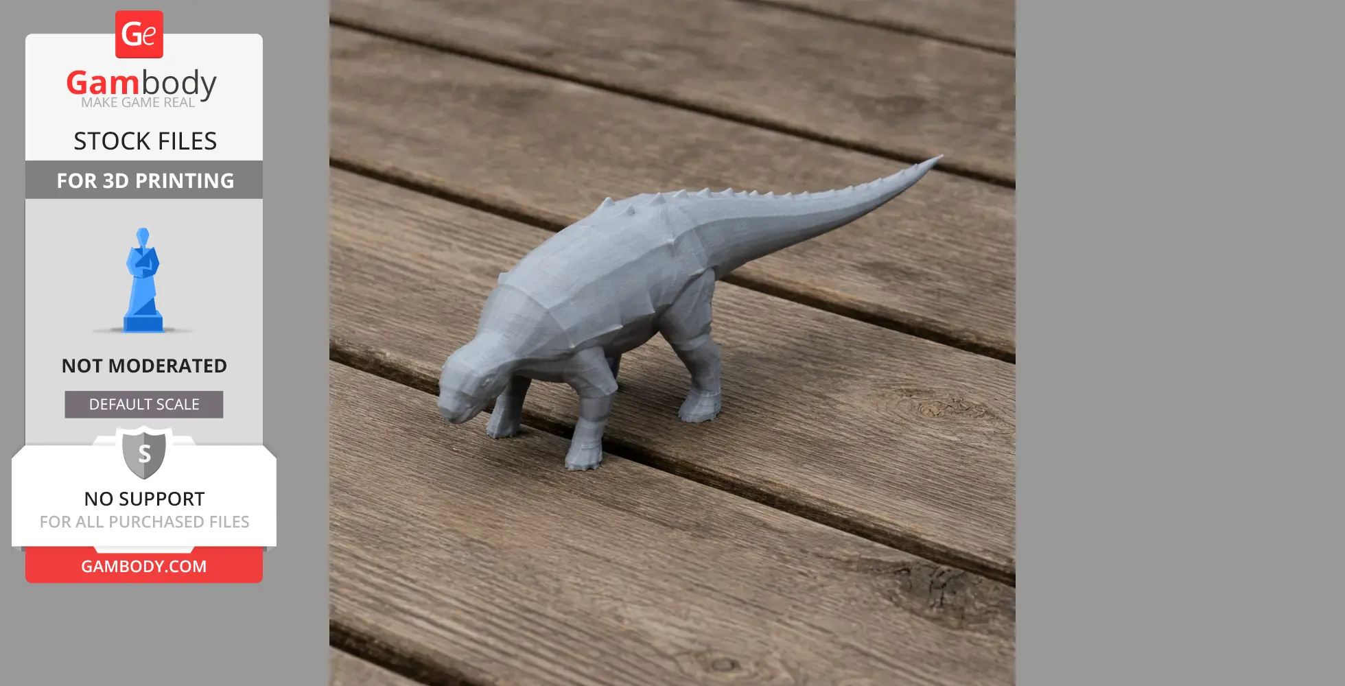 3D-printed gray Panoplosaurus model on wooden surface.