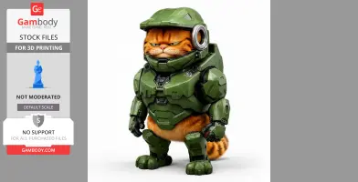 A mashup figure of a cartoon cat in green futuristic armor.