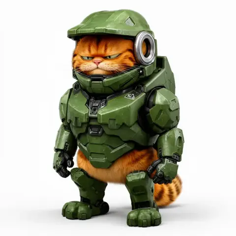 A mashup figure of Garfield wearing Master Chief armor in green, ready for 3D printing.