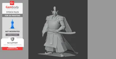 A 3D model of a samurai warrior in armor, holding a katana, ready for 3D printing.