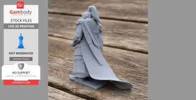 Samurai warrior figure in armor and cape, holding a sword, on a wooden surface.